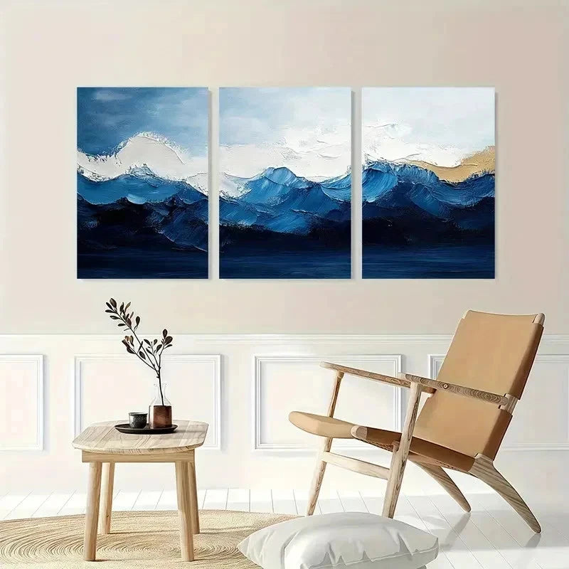 3pcs Blue And White Abstract Minimalist Perfect Wall Art Set Canvas Framed 60x90cm - High Quality Print 100% Australian Made Wall Canvas Ready to Hang - Bella Home Decor
