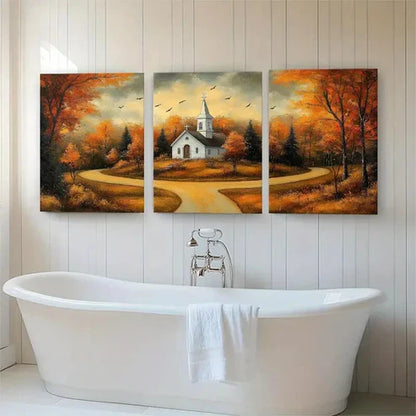 3pcs Autumn Church Landscape Rustic Perfect Wall Art Canvas Unframed - High Quality Print 100% Australian Made Wall Canvas - Bella Home Decor