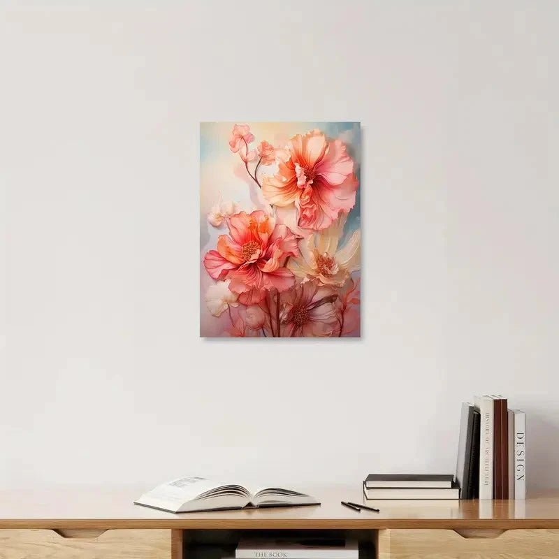 Floral painting on a wall above a wooden shelf with books and an open book.