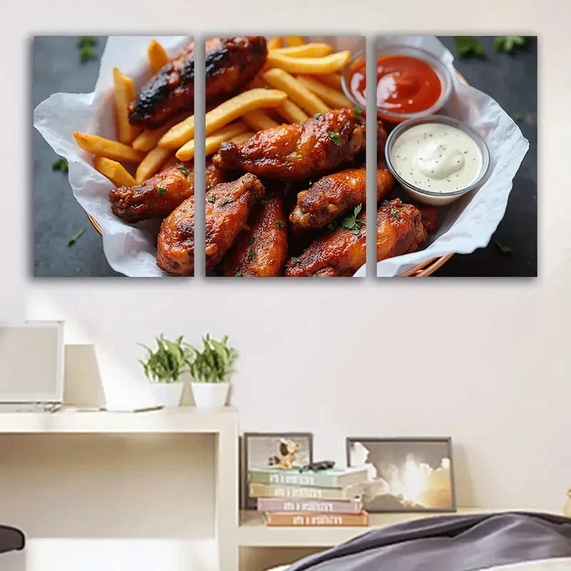 3pcs Crispy Chicken Wings With Fries & Sauces Wall Art Set Canvas Framed 50x70cm - High Quality Print 100% Australian Made Wall Canvas Ready to Hang - Bella Home Decor