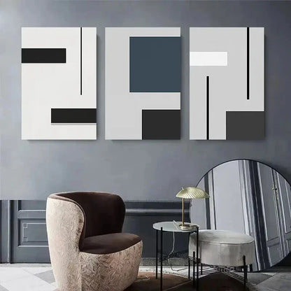 3pcs Abstract Black White & Teal Shapes with Grey Metal Print Ready to Hang Art - Bella Home Decor