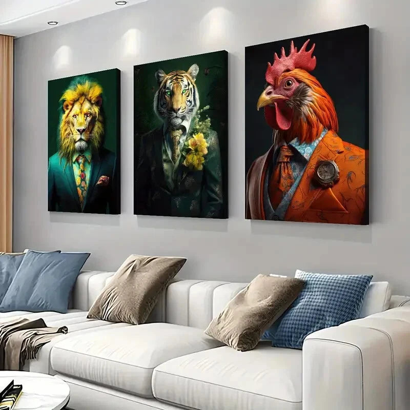 3pcs Rooster Tiger Lion Portrait Décor Perfect Wall Art Set Canvas Framed 40x60cm - High Quality Print 100% Australian Made Wall Canvas Ready to Hang - Bella Home Decor