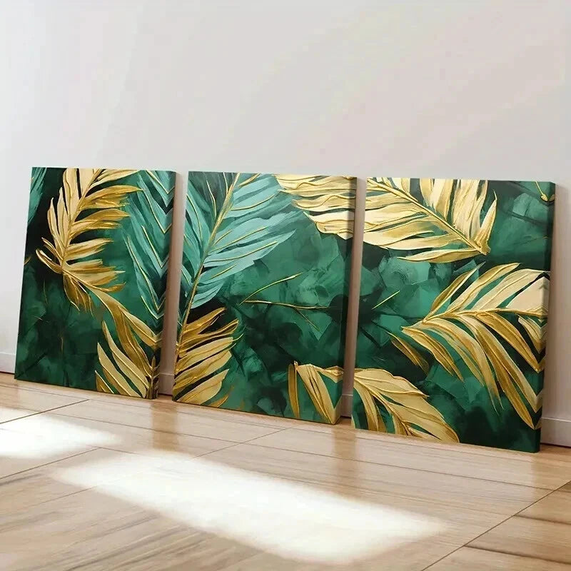3pcs Green And Gold Art Tropical Palm Leaves Wall Art Set Canvas Framed 60x90cm - High Quality Print 100% Australian Made Wall Canvas Ready to Hang - Bella Home Decor