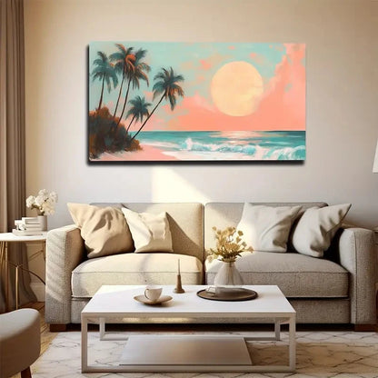 Living room with a couch, coffee table, and a beach-themed painting on the wall.
