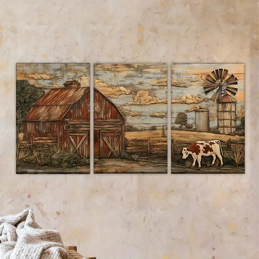 3pcs a painting of a cow and a barn Wall Art Set Canvas Framed 40x60cm - High Quality Print 100% Australian Made Wall Canvas Ready to Hang