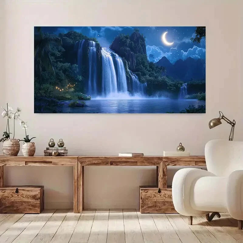 Waterfalls & Crescent Moon Wall Art Canvas Office Home Room Framed 120x60cm