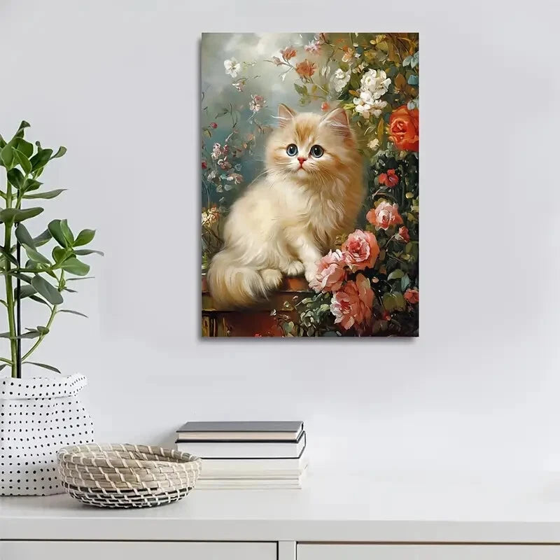Beautiful Cute Persian Cat Kitten Flowers Painting 40x60cm Metal Print Ready to Hang - Bella Home Decor