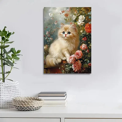 Beautiful Cute Persian Cat Kitten Flowers Painting 40x60cm Metal Print Ready to Hang - Bella Home Decor