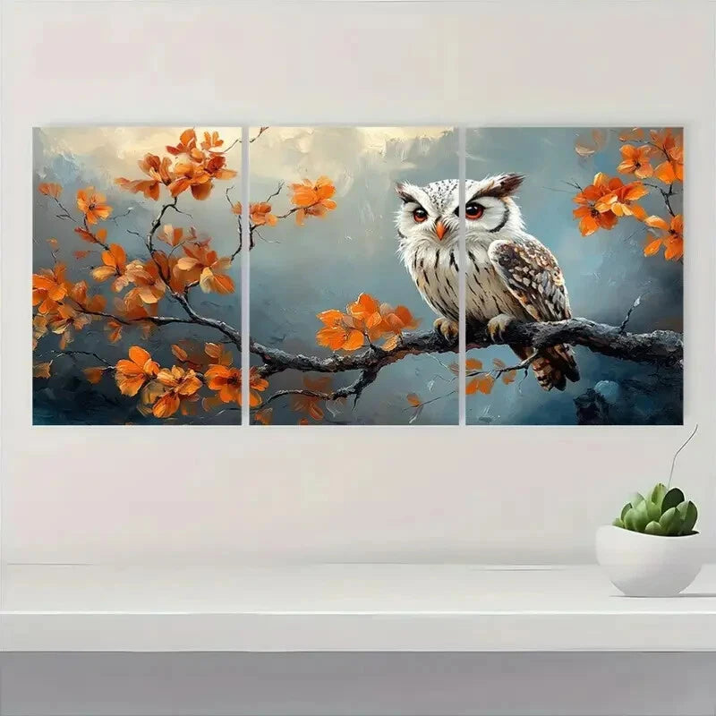 3pcs Vibrant Autumn Owl & Maple Leaf Metal Print Ready to Hang Art - Bella Home Decor