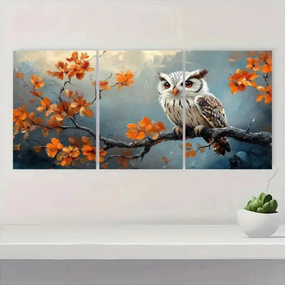 3pcs Vibrant Autumn Owl & Maple Leaf Metal Print Ready to Hang Art - Bella Home Decor
