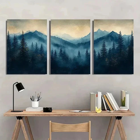 3pcs Blue & Golden Glitter Misty Forest Wall Art Canvas Unframed - High Quality Print 100% Australian Made Wall Canvas