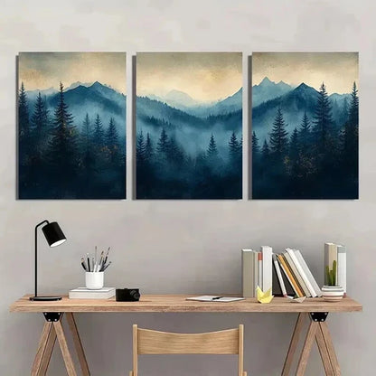 3pcs Blue & Golden Glitter Misty Forest Wall Art Canvas Unframed - High Quality Print 100% Australian Made Wall Canvas