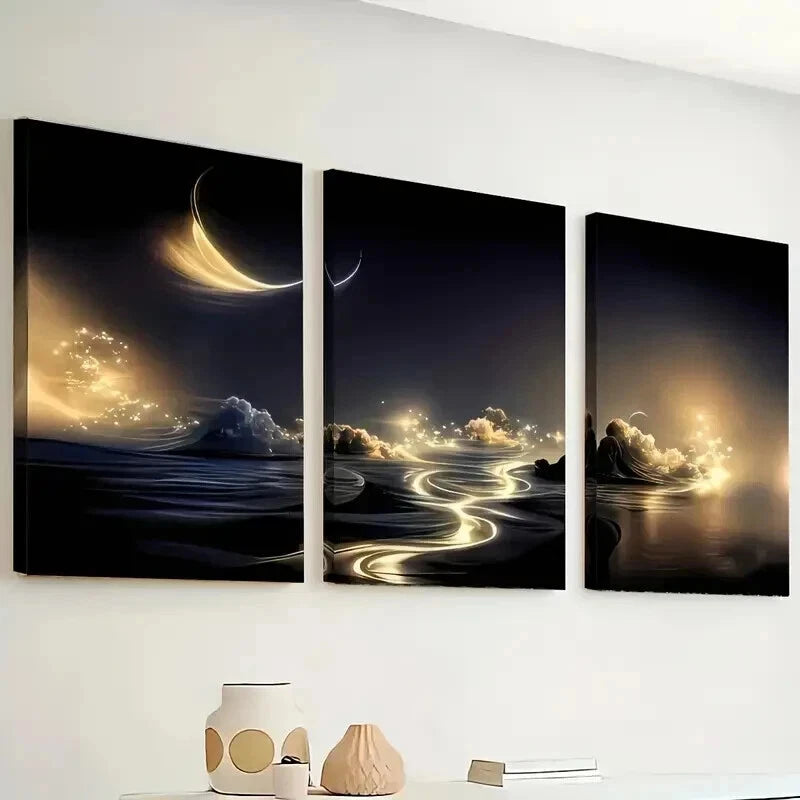3pcs Featuring Golden Rivers And Starry Skies Wall Art Set Canvas Framed 50x70cm - High Quality Print 100% Australian Made Wall Canvas Ready to Hang - Bella Home Decor