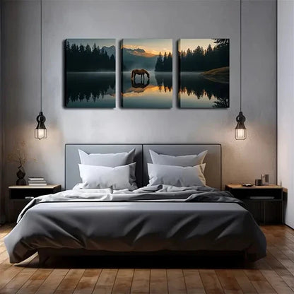 3pcs Majestic Horse In Forest And Lake Perfect Wall Art Canvas Unframed - High Quality Print 100% Australian Made Wall Canvas