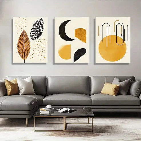 3pcs Geometric & Nature-Inspired Yellow Perfect Wall Art Canvas Unframed - High Quality Print 100% Australian Made Wall Canvas - Bella Home Decor