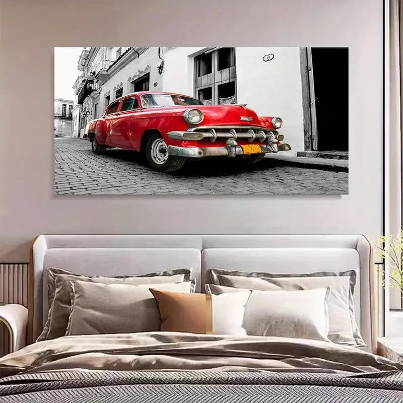 Red Antique Car Modern Wall Art Canvas Office Home Room Framed 120x60cm - Bella Home Decor