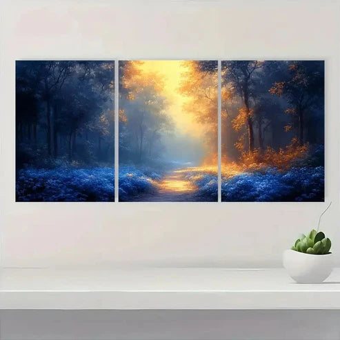 3pcs Blue Magical Forest Scene with Golden UI Wall Art Set Canvas Unframed - High Quality Print 100% Australian Made Wall Canvas - Bella Home Decor