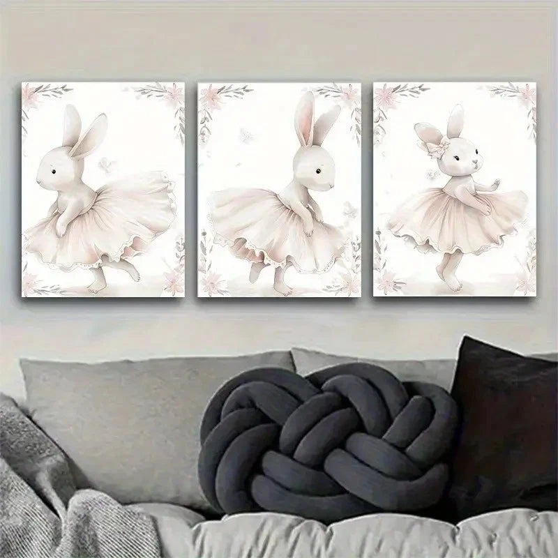 3pcs Adorable Ballet Rabbit Cute Rabbit Dancer Metal Print Ready to Hang Art - Bella Home Decor