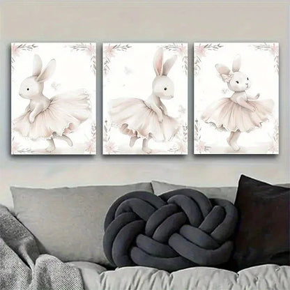 3pcs Adorable Ballet Rabbit Cute Rabbit Dancer Metal Print Ready to Hang Art - Bella Home Decor
