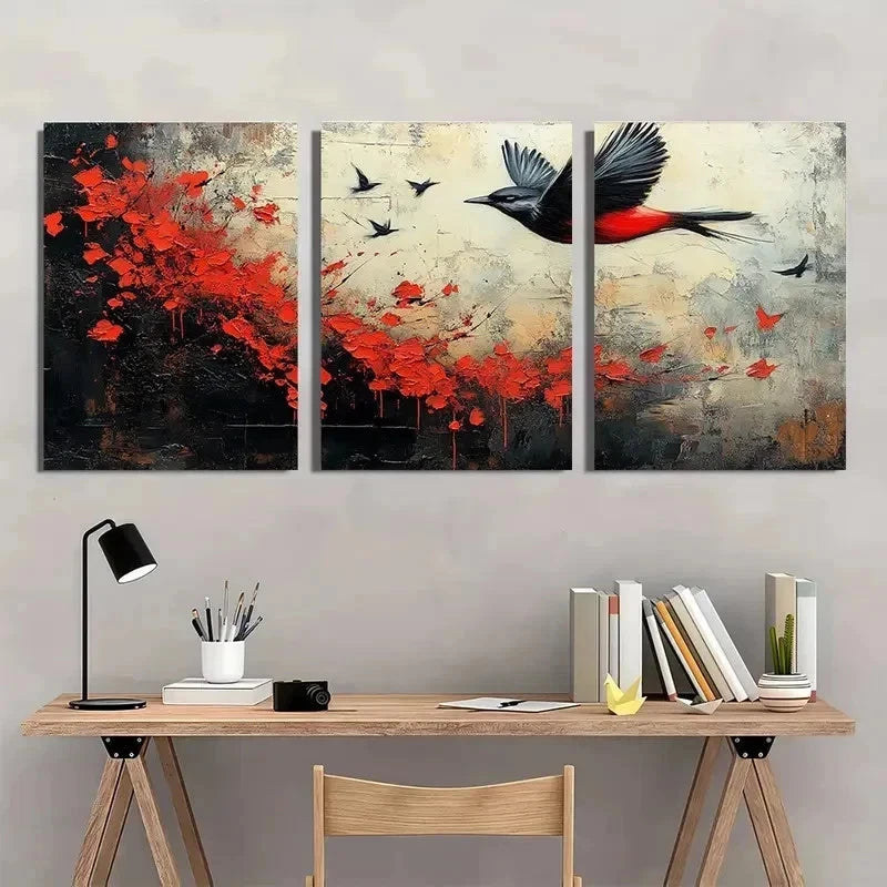 3pcs Black White And Red Birds Abstract Perfect Wall Art Set Canvas Framed 50x70cm - High Quality Print 100% Australian Made Wall Canvas Ready to Hang - Bella Home Decor