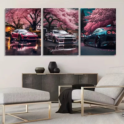3pcs Cherry Tree Porsche 911 & Sky line GTR   Wall Art Set Canvas Framed 40x60cm - High Quality Print 100% Australian Made Wall Canvas Ready to Hang - Bella Home Decor