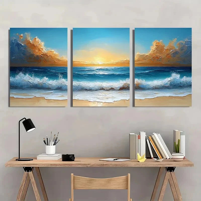 3pcs Abstract Beach Scene Blue Waves & Golden Sky Metal Print Ready to Hang Art - Bella Home Decor