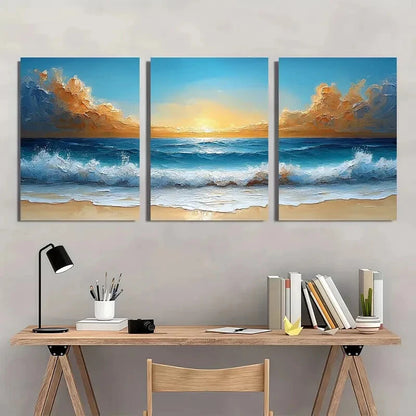 3pcs Abstract Beach Scene Blue Waves & Golden Sky Metal Print Ready to Hang Art - Bella Home Decor