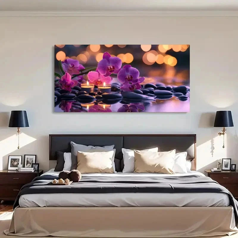 Purple Orchid Candlelight Water Wall Art Canvas Office Home Room Framed 120x60cm - Bella Home Decor