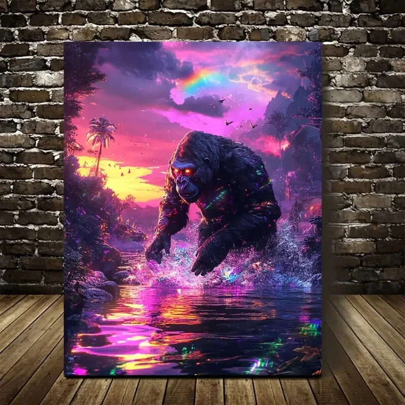 Steampunk Gorilla Splashing in Water Under Glowing 40x60cm Metal Print Ready to Hang - Bella Home Decor