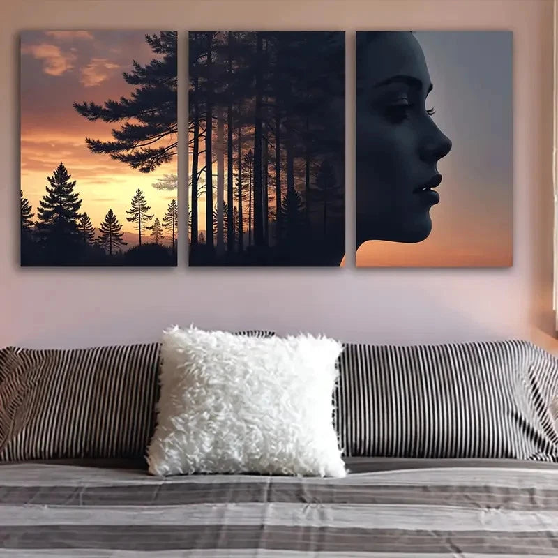 3pcs Woman’s Face Silhouette Wall Art Set Canvas Framed 50x70cm - High Quality Print 100% Australian Made Wall Canvas Ready to Hang