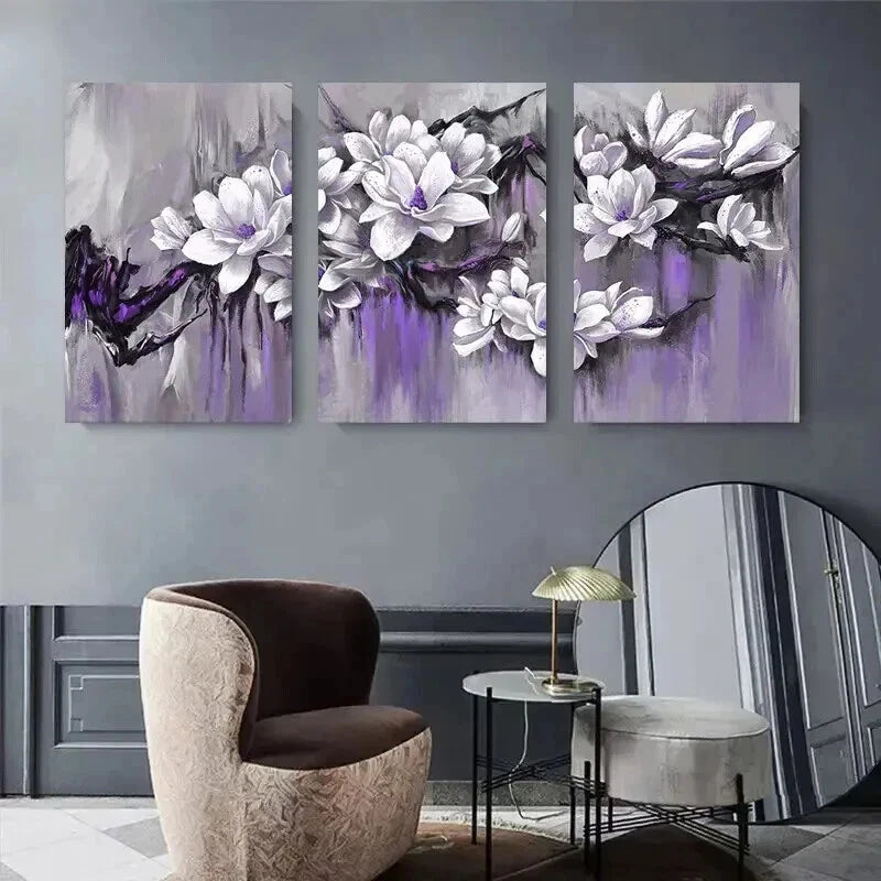 3pcs Purple Magnolia Flowers Blossoms Perfect Wall Art Set Canvas Framed 60x90cm - High Quality Print 100% Australian Made Wall Canvas Ready to Hang - Bella Home Decor