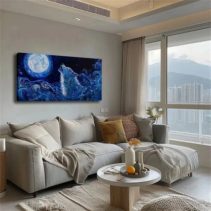 Blue Wolf Howling Under Moon Wall Art Canvas Office Home Room Framed 120x60cm - Bella Home Decor
