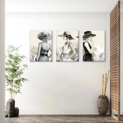 3pcs Elegant Fashion Illustration Women in Hats Wall Art Set Canvas Framed 50x70cm - High Quality Print 100% Australian Made Wall Canvas Ready to Hang