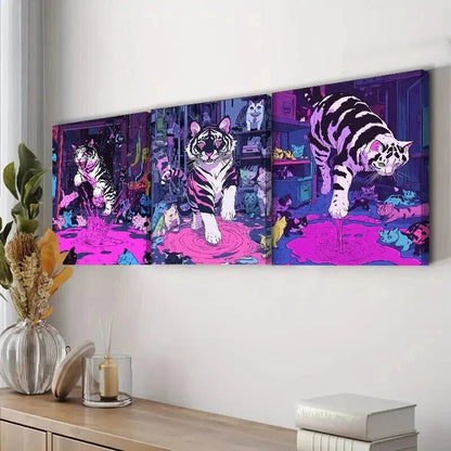 3pcs Featuring a Black And White Tiger Adorned Wall Art Set Canvas Framed 60x90cm - High Quality Print 100% Australian Made Wall Canvas Ready to Hang