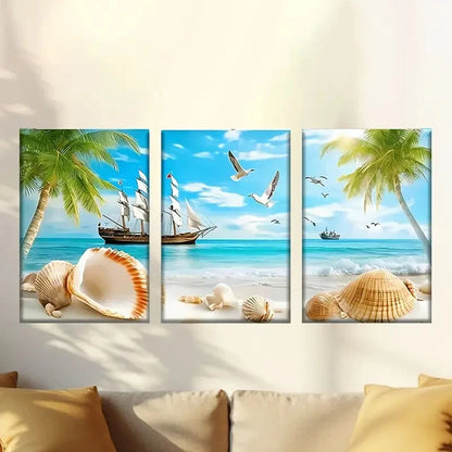 3pcs  beach scene with a sail and shells  Wall Art Set Canvas Framed 50x70cm - High Quality Print 100% Australian Made Wall Canvas Ready to Hang - Bella Home Decor