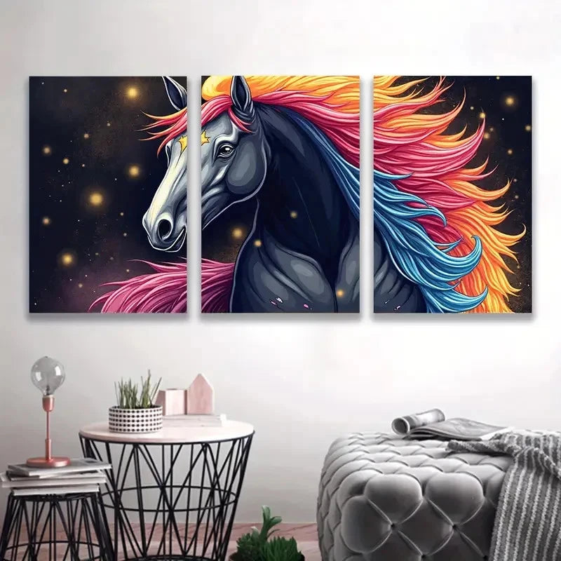 3pcs Colorful Dark Horse Prints Night BackWall Art Set Canvas Framed 50x70cm - High Quality Print 100% Australian Made Wall Canvas Ready to Hang - Bella Home Decor