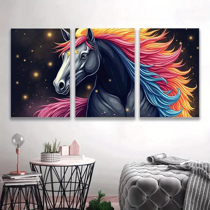 3pcs Colorful Dark Horse Prints Night BackWall Art Set Canvas Framed 50x70cm - High Quality Print 100% Australian Made Wall Canvas Ready to Hang - Bella Home Decor