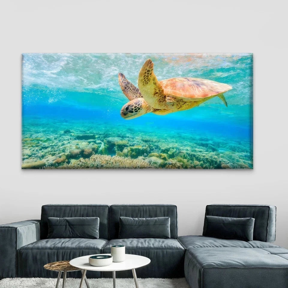 Underwater Sea Turtle Wall Art Canvas Office Home Room Framed 120x60cm