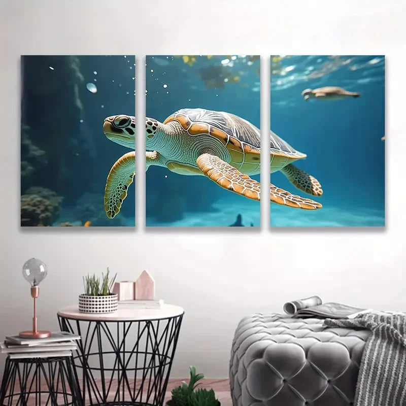 3pcs Vibrant Sea Turtle Swimming Ocean  Wall Art Set Canvas Framed 50x70cm - High Quality Print 100% Australian Made Wall Canvas Ready to Hang - Bella Home Decor