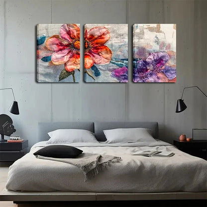 3pcs Red Flowers And Purple Leaves Décor Perfect Wall Art Set Canvas Framed 60x90cm - High Quality Print 100% Australian Made Wall Canvas Ready to Hang - Bella Home Decor