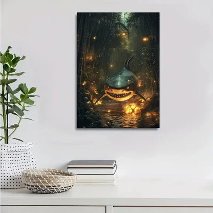 Steampunk Shark in Bamboo Grove with Glowing Embers 40x60cm Metal Print Ready to Hang - Bella Home Decor