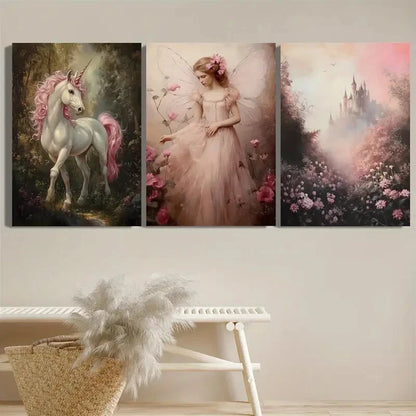 3pcs Enchanted Forest Unicorn & Fairy Perfect Wall Art Set Canvas Framed 40x60cm - High Quality Print 100% Australian Made Wall Canvas Ready to Hang - Bella Home Decor