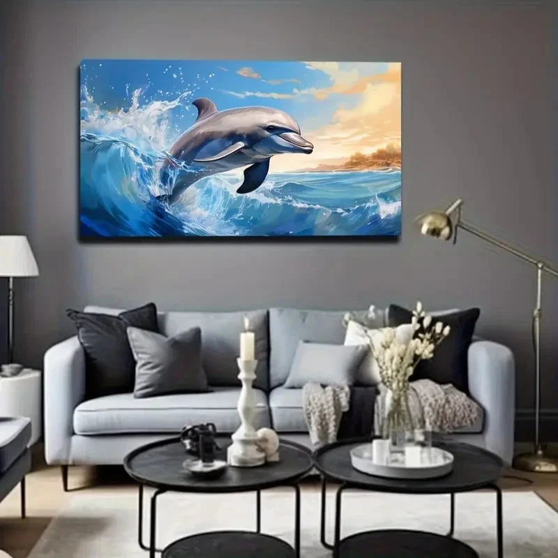 Vibrant Ocean Scene Dolphins Wall Art Canvas Office Home Room Framed 120x60cm