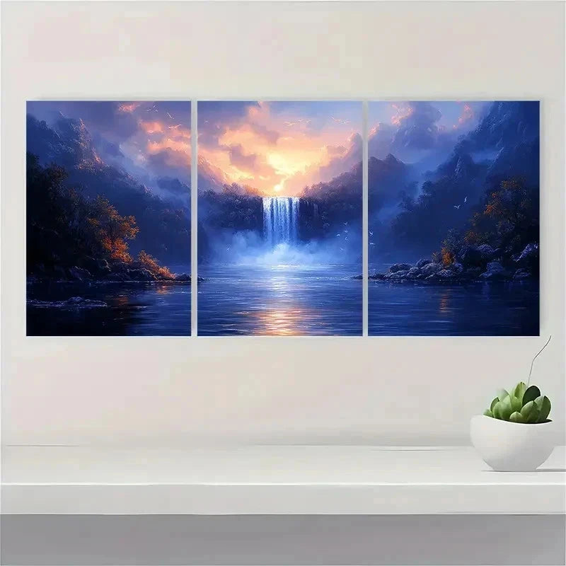 3pcs Glowing Blue Waterfall TI  Wall Art Set Canvas Framed 50x70cm - High Quality Print 100% Australian Made Wall Canvas Ready to Hang - Bella Home Decor