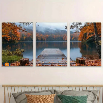 3pcs Autumn Leaves On A Misty Lake  Wall Art Set Canvas Framed 60x90cm - High Quality Print 100% Australian Made Wall Canvas Ready to Hang - Bella Home Decor