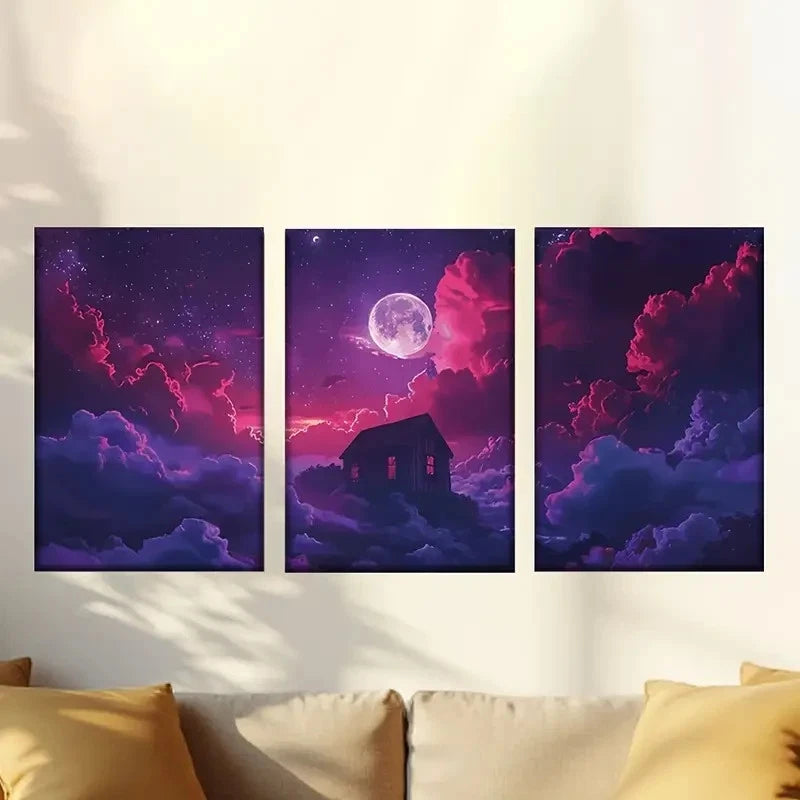 3pcs Charming Purple Sky Clouds Wall Art Set Canvas Framed 50x70cm - High Quality Print 100% Australian Made Wall Canvas Ready to Hang - Bella Home Decor