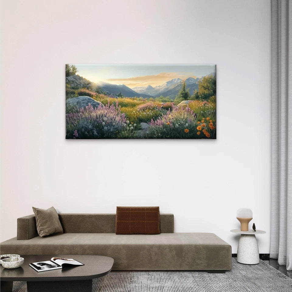 Vibrant Field Flower Lavender Wall Art Canvas Office Home Room Framed 120x60cm