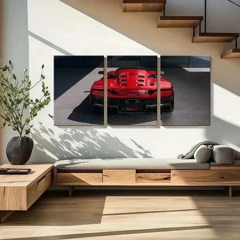 3pcs Vibrant Red Supercar Design Wall Art Canvas Unframed - High Quality Print 100% Australian Made Wall Canvas