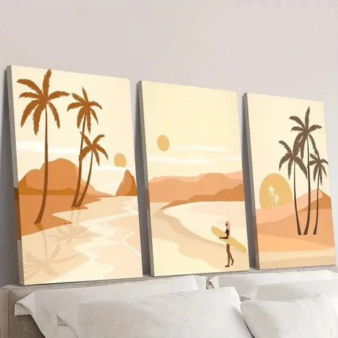 3pcs Palm Trees at Sunset Surfer on the Shore Wall Art Set Canvas Unframed - High Quality Print 100% Australian Made Wall Canvas