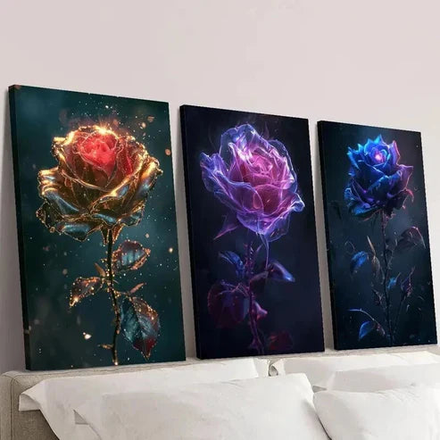 3pcs Fantasy Gold Purple Blue Rose Flower Wall Art Canvas Unframed - High Quality Print 100% Australian Made Wall Canvas